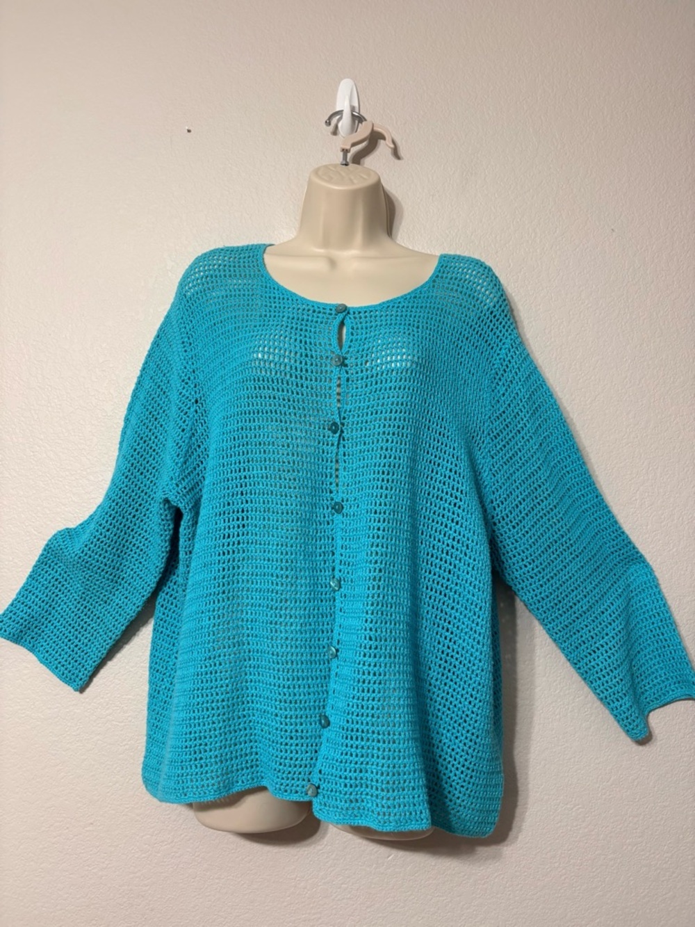 Vibrant Turquoise Open-Knit Button-Front Layering Crochet Cardigan Sweater. 1X